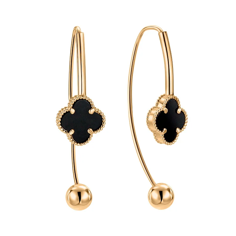 Сережки-петлі "Конюшина" з червоного золота з оніксом - 2193486