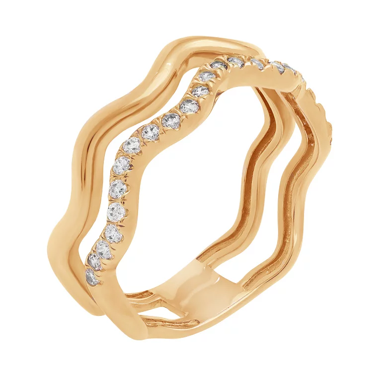 Двойное кольцо "Волны" из красного золота с фианитами. Артикул 116781: цена, отзывы, фото – купить в интернет-магазине AURUM