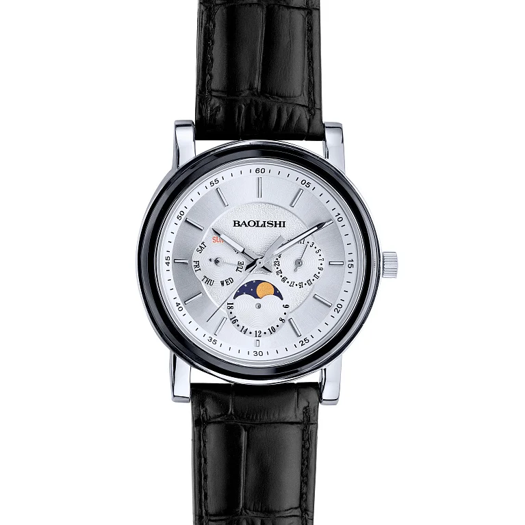 Серебряные часы с кожаным ремешком с керамикой - 2199785