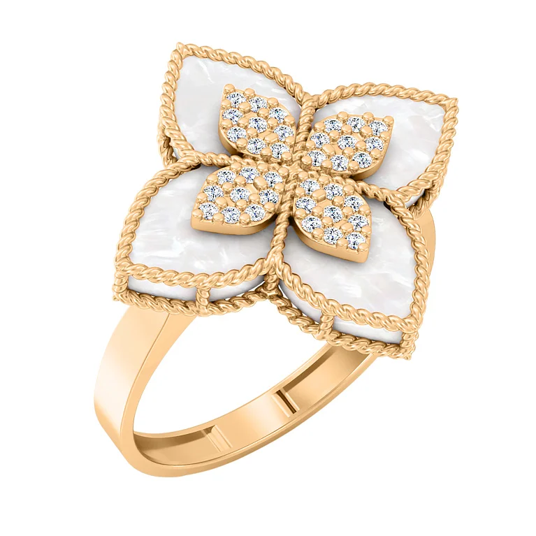 Кольцо "Цветок" из красного золота с фианитами и перламутром - 2142387