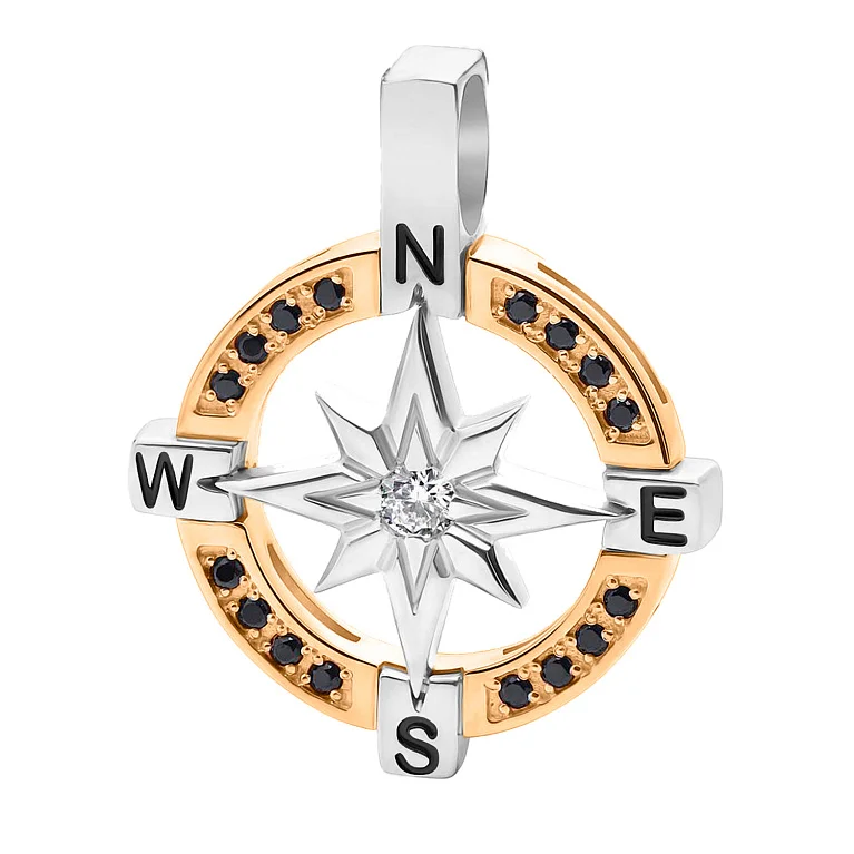 Подвес в комбинированном золоте с фианитами и эмалью "Роза Ветров" - 1704075