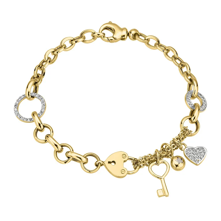 Браслет "Замок и Ключик" с плетением якорь и шопард в желтом золоте с подвесом - 1856502