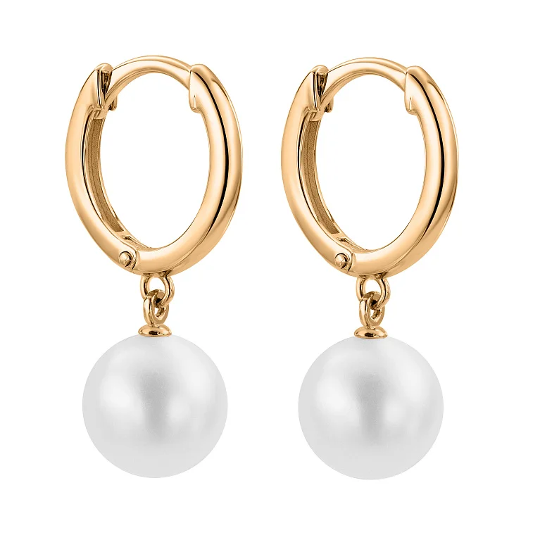 Сережки-кільця з червоного золота з підвісною перлиною - 2183427