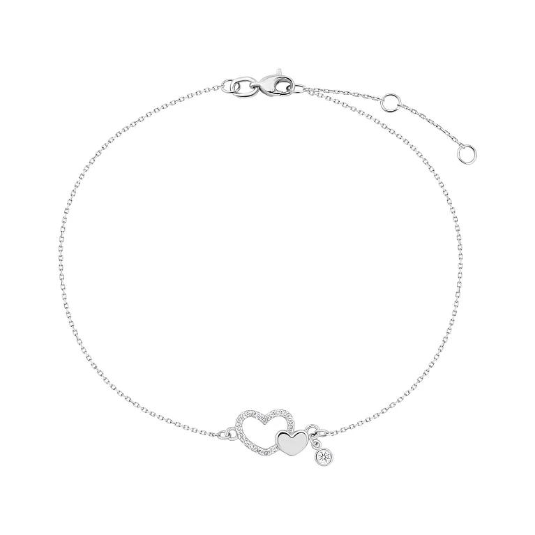 Браслет из белого золота "Сердца" с подвесом и бриллиантами плетение якорь - 2147294