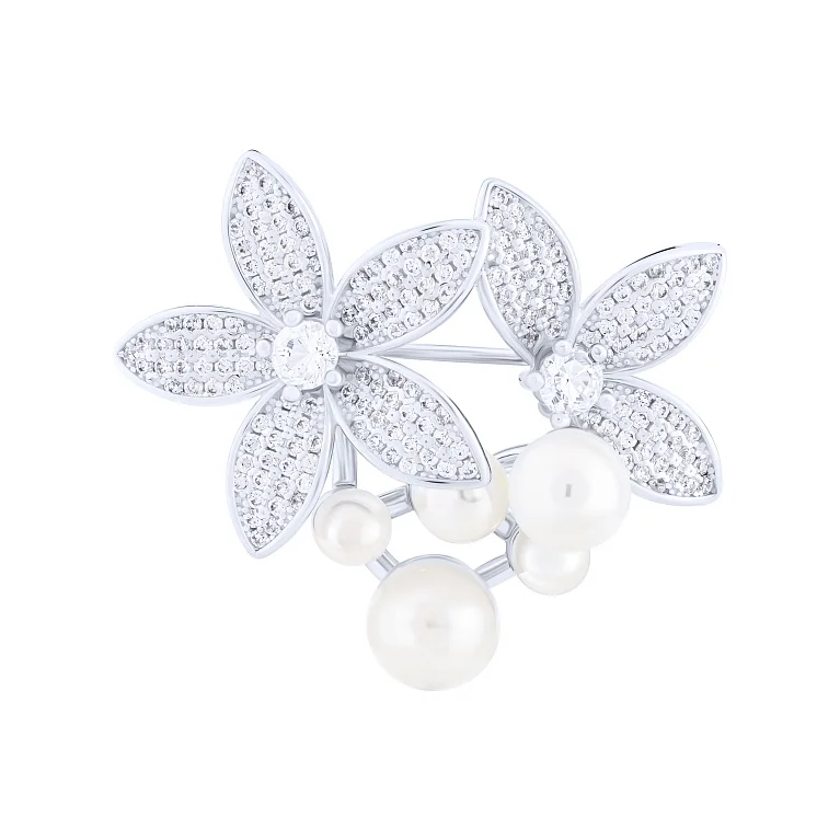 Брошка "Квіти з перлинами" зі срібла з фіанітами - 2131277