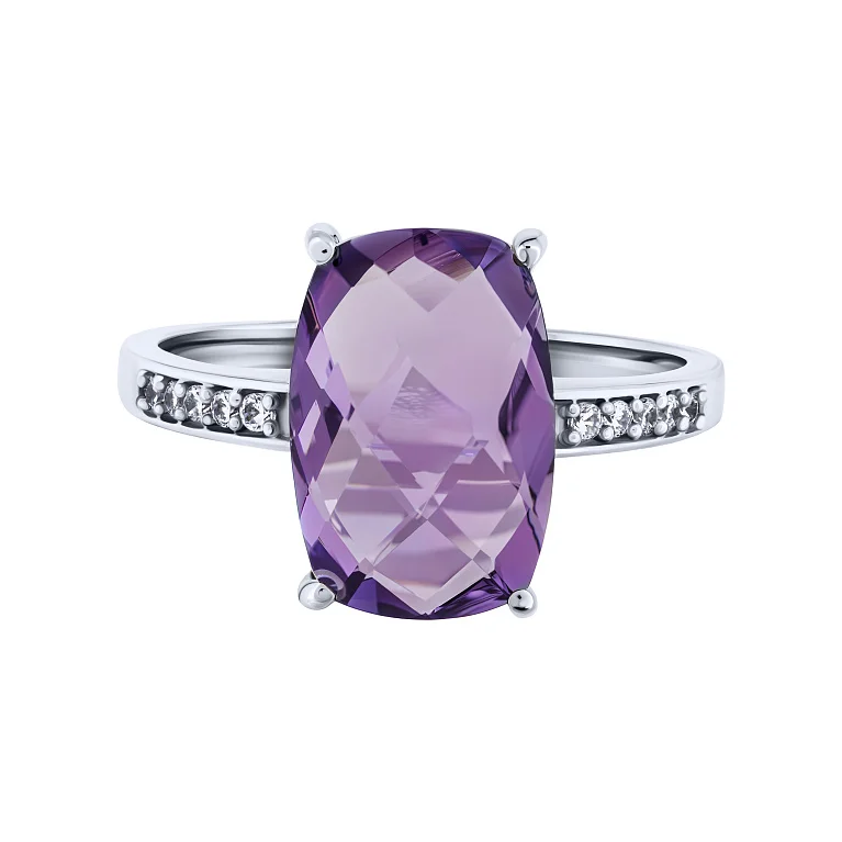 Серебряное кольцо с аметистом и фианитами - 2162606