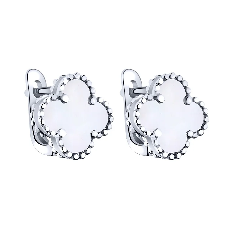 Серебряные серьги "Клевер" с перламутром - 2159648