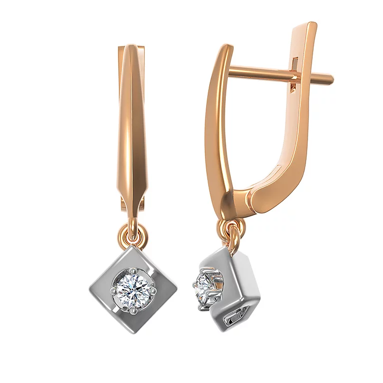 Сережки з комбінованого золота з діаманатам з підвісами. Артикул 23015брил: ціна, відгуки, фото – купити в інтернет-магазині AURUM
