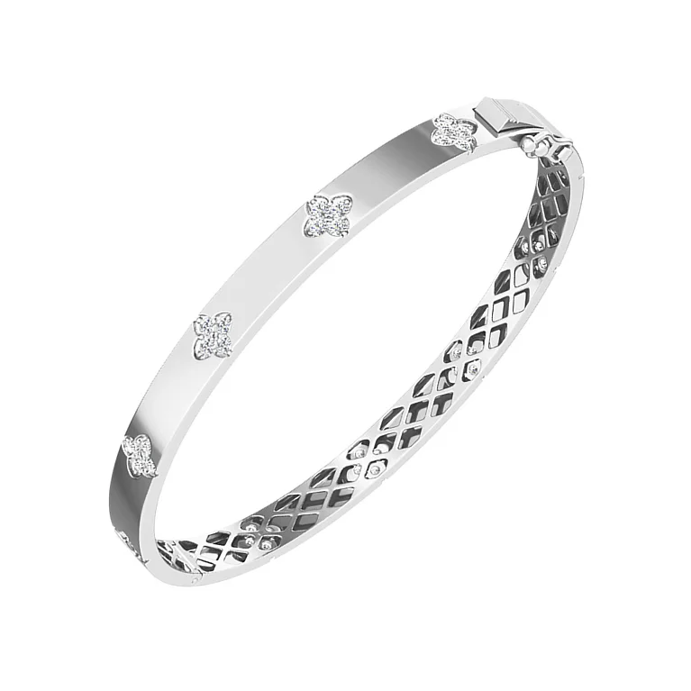 Жорсткий браслет із белого золота "Квіти" з фіанітами - 2134591