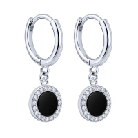 Сережки-кольца из серебра с подвесами с ониксом и фианитами  - 2260789