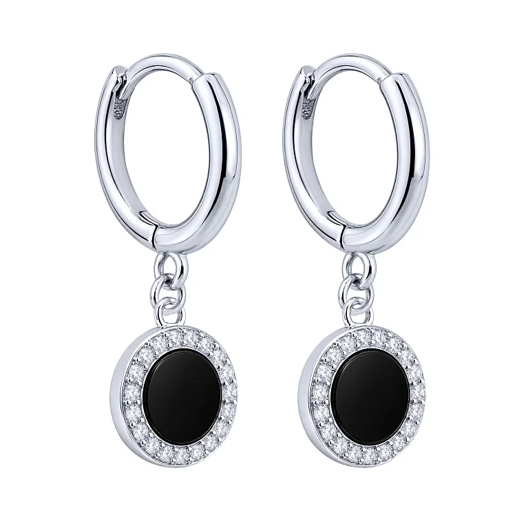 Сережки-кольца из серебра с подвесами с ониксом и фианитами  - 2260789