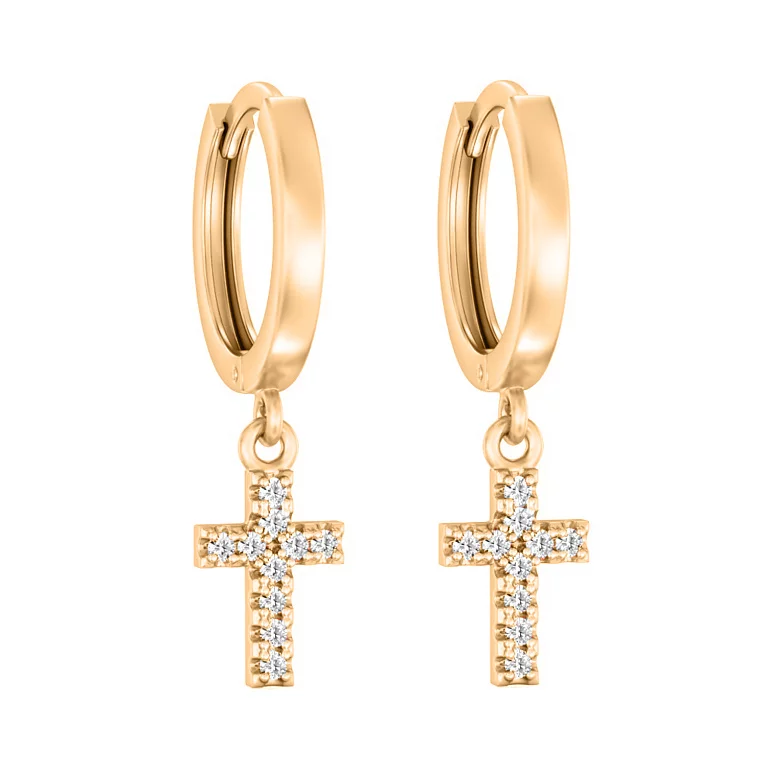 Золоті сережки-кільця з підвісним хрестиком і фіанітами. Артикул 110977: ціна, відгуки, фото – купити в інтернет-магазині AURUM