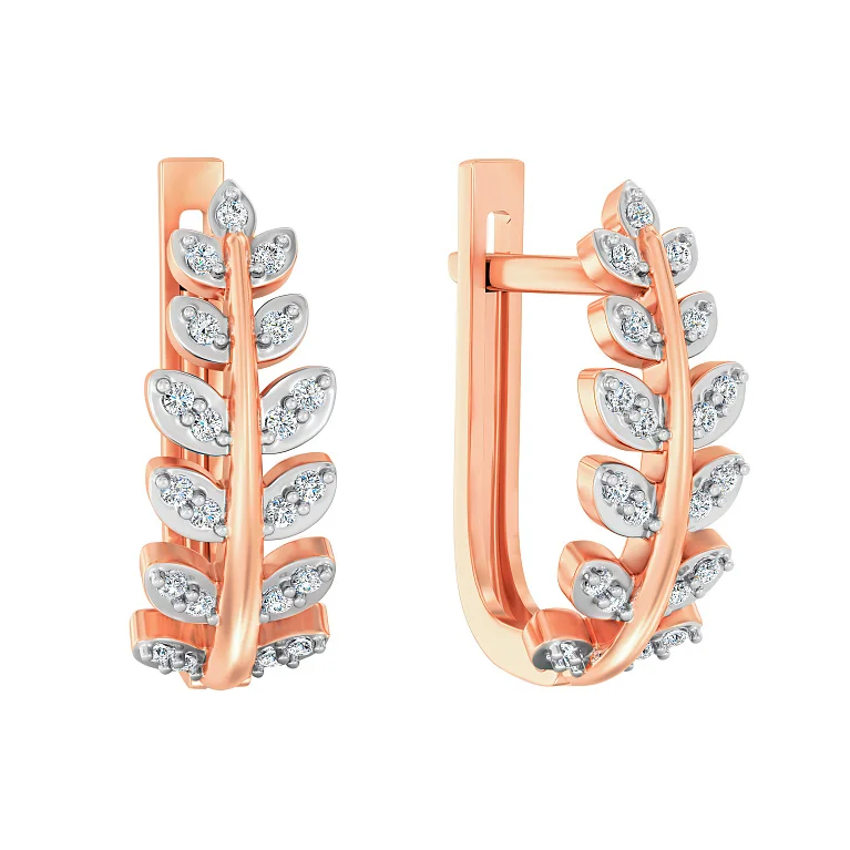 Сережки "Гілки" у комбінованому золоті з фіанітами - 2118502
