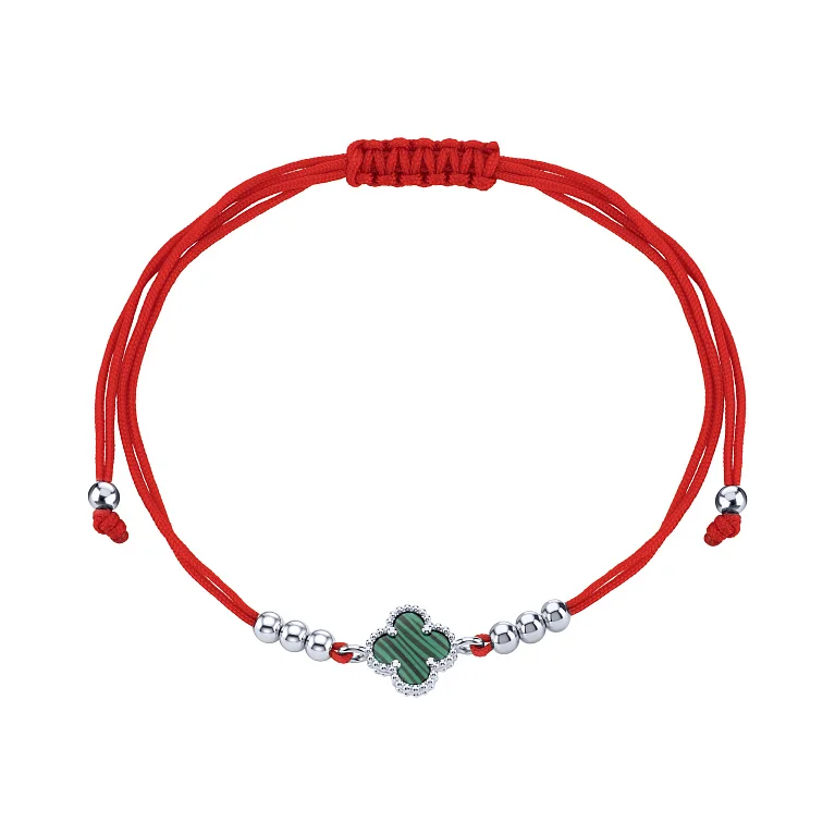 Браслет шовковий "Конюшина" зі вставками срібла та малахітом - 2243397