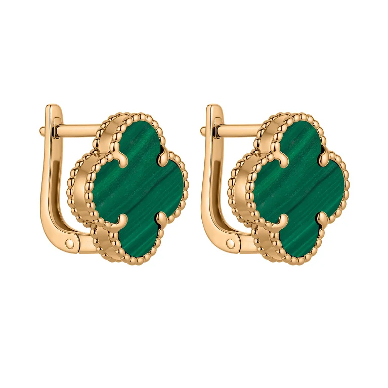 Сережки "Конюшина" з червоного золота з малахітом - 2225324