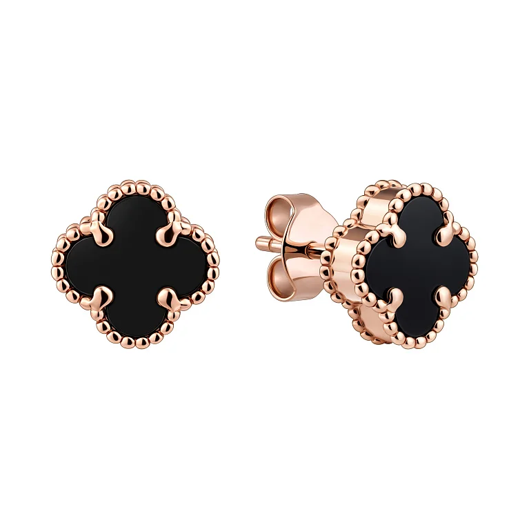Серьги-пусеты в красном золоте "Клевер" с ониксом - 2139702