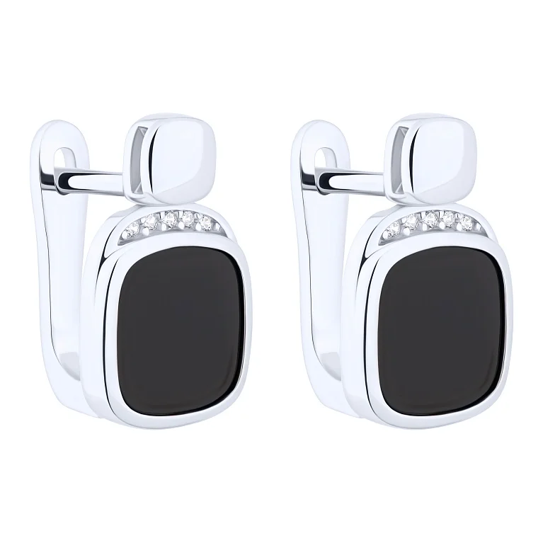 Геометричні сережки зі срібла з оніксом та фіанітами  - 2194621
