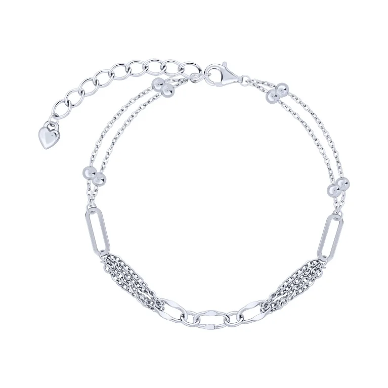 Срібній подвійний браслет з кульками у плетінні якір - 2167574