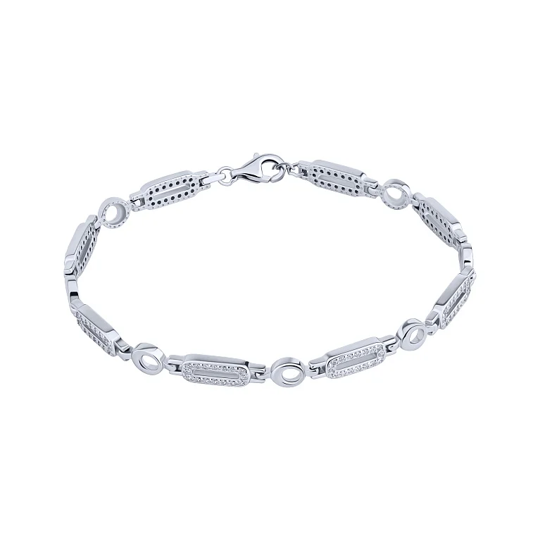 Срібний браслет з розсипом фіанітів у фантазійному плетінні  - 2127103