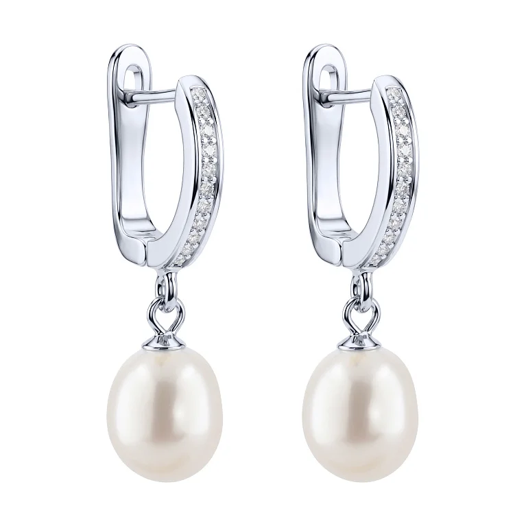 Срібні сережки з підвісами з перлами та фіанітами  - 2227696