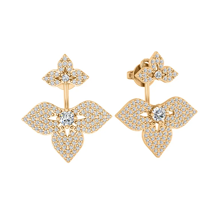 Сережки-гвоздики трансформери "Квітка" в червоному золоті з фіанітами - 2142145