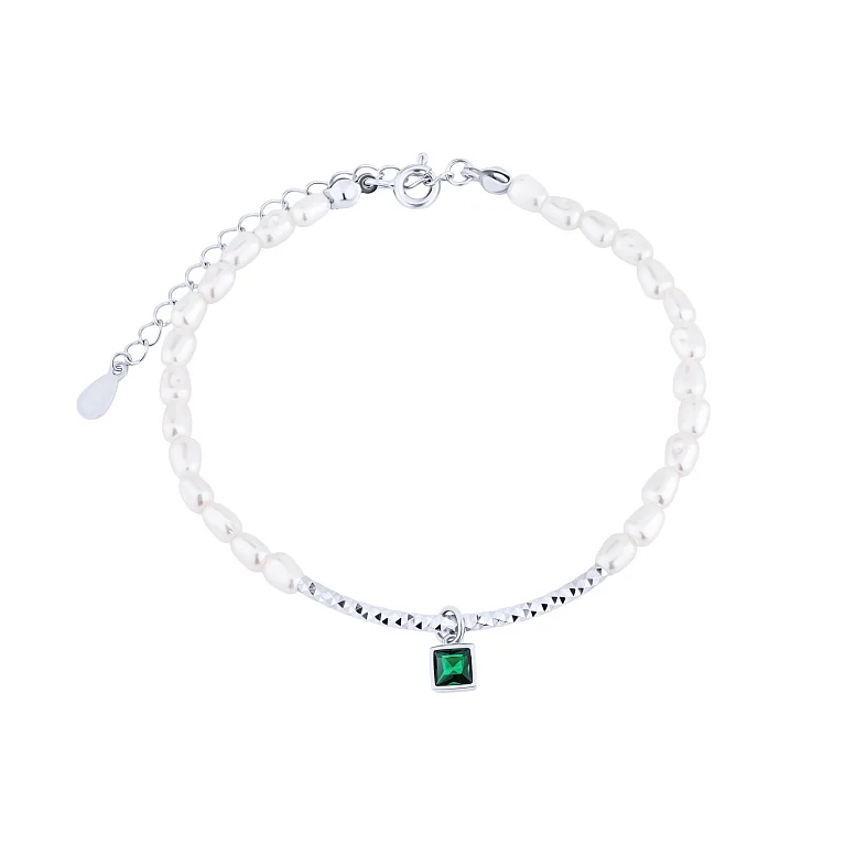 Браслет зі срібла з перлинами і фіанітом - 2132536