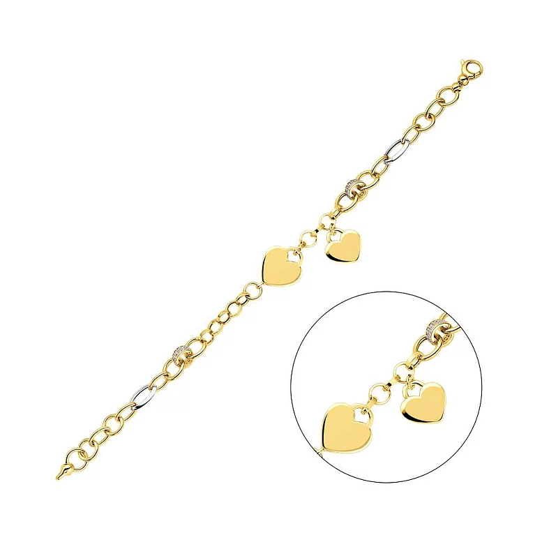 Золотий браслет з підвісками "Серце" та фіанітами плетіння якірне. Артикул 325225жП1: ціна, відгуки, фото – купити в інтернет-магазині AURUM