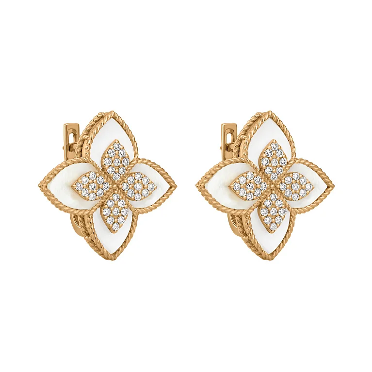 Серьги в красном золоте "Цветок" с фианитами и перламутром - 2139315