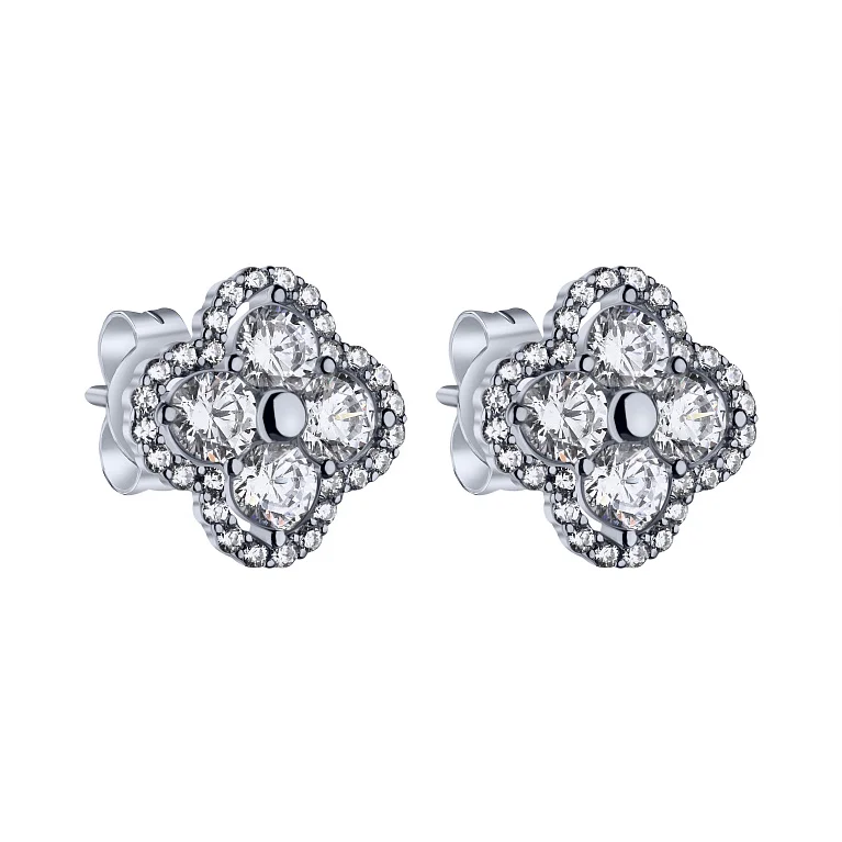 Серьги-гвоздики "Клевер" из серебра с фианитами - 2187346