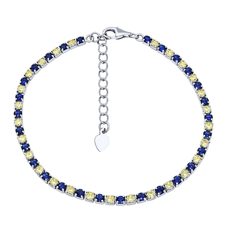 Тенісний срібний браслет із синіми та жовтими фіанітами. Артикул 7509/2144649/205: ціна, відгуки, фото – купити в інтернет-магазині AURUM