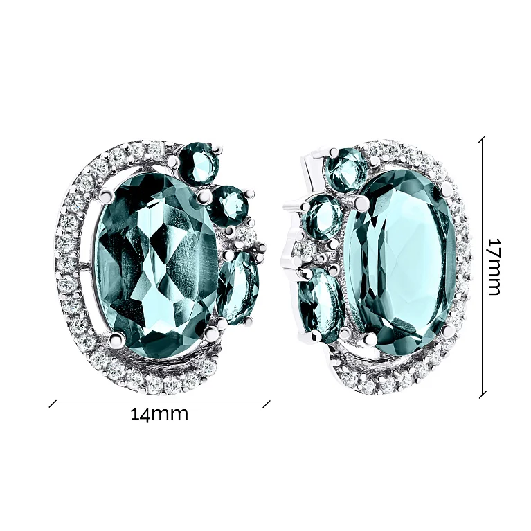 Серьги из серебра с топазом лондон и дорожкой фианитов  - 1525084
