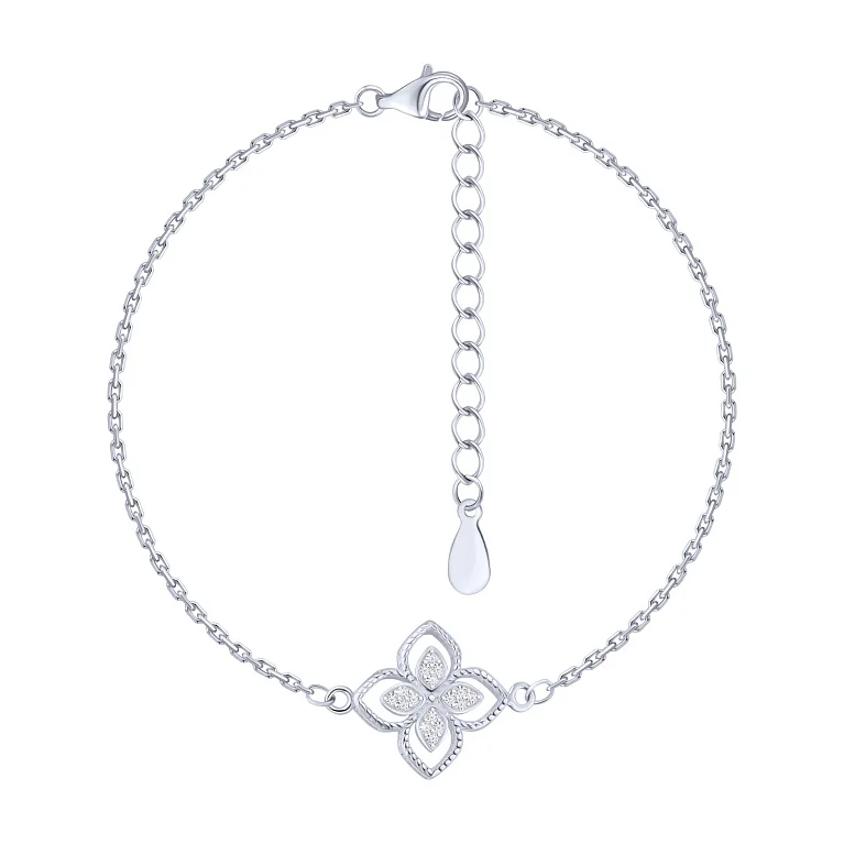 Браслет зі срібла "Квітка" з фіанітами плетіння якір - 2205906