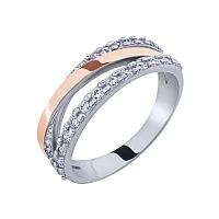 Потрійна каблучка у сріблі "Переплетення" з фіанітами та золотою накладкою - 2081387