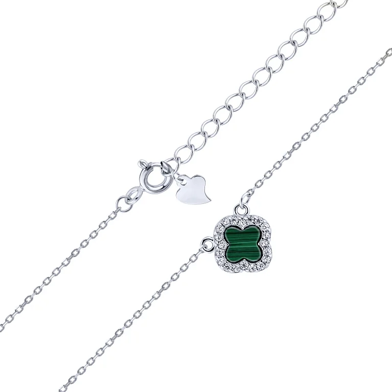 Срібне кольє з підвісом "Конюшина" з малахітом та фіанітами плетіння якір - 2214498