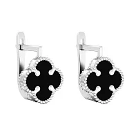 Сережки в білому золоті "Конюшина" з оніксом - 2044347