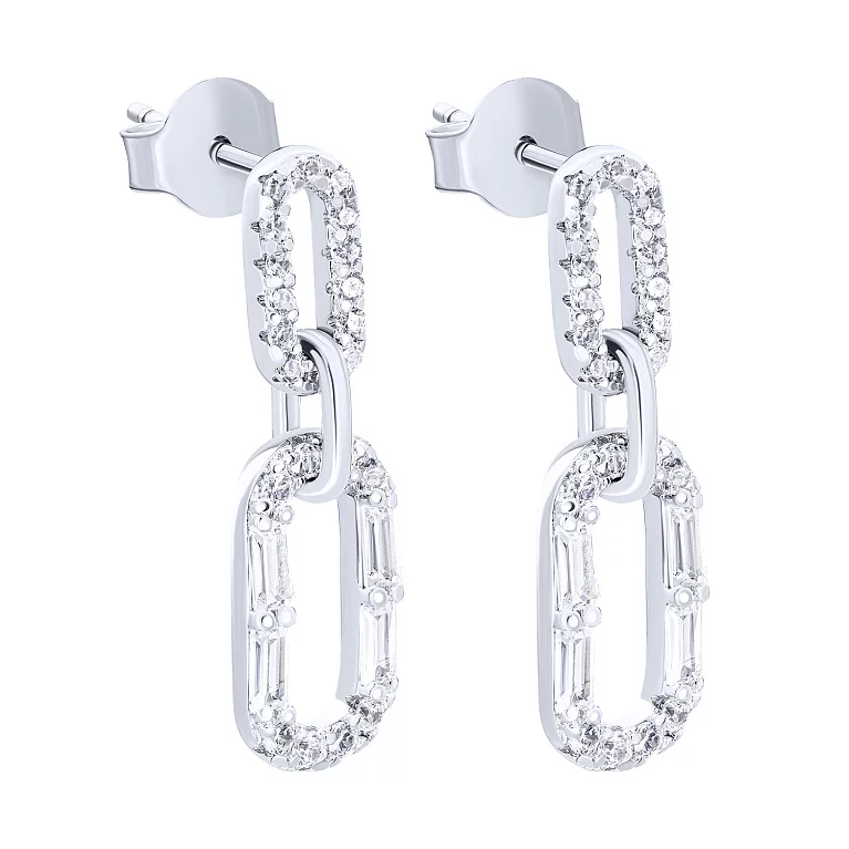 Сережки-гвоздики срібні з підвісками "Ланки" та фіанітами. Артикул 7518/6519: ціна, відгуки, фото – купити в інтернет-магазині AURUM