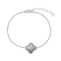 Серебряный браслет "Клевер" с перламутром и фианитами плетение якорь - 2193397