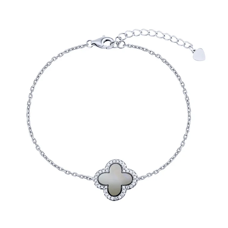 Срібний браслет "Конюшина" з перламутром і фіанітами плетіння якір - 2193397