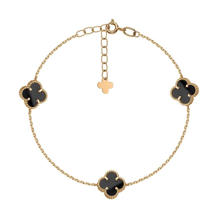 Браслет "Конюшина" з оніксом в червоному золоті і якірному плетінні - 2167206