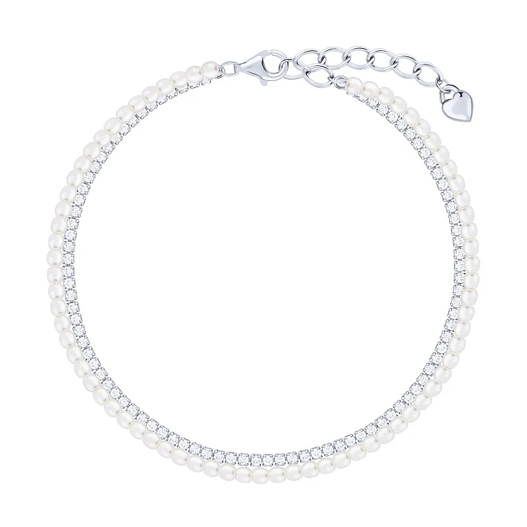Срібний подвійний тенісний браслет з перлами та фіанітами - 2172623