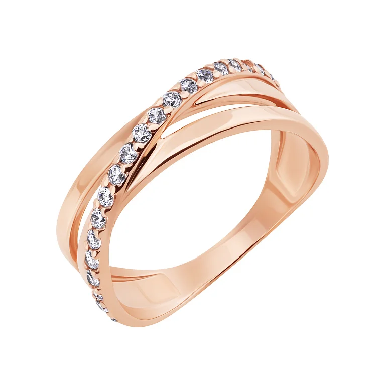 Каблучка "Переплетіння" у червоному золоті з фіанітами  - 2092781