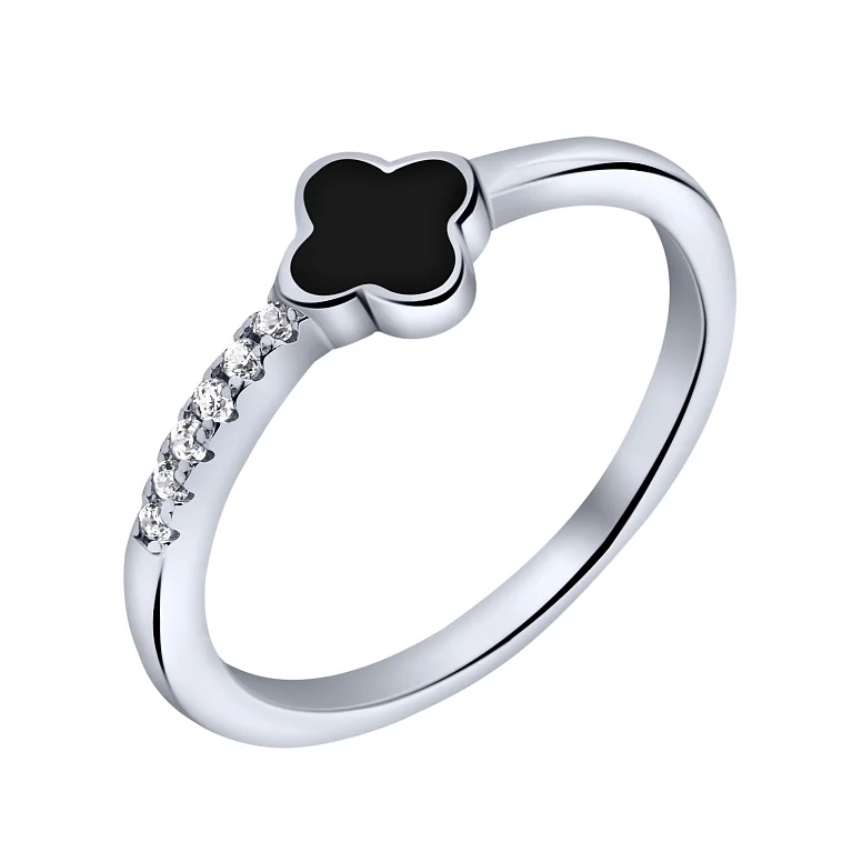 Каблучка зі срібла "Конюшина" з емаллю та фіанітами - 2210995