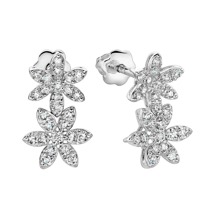 Сережки-гвоздики у білому золоті "Квіти" з розсипом діамантів - 2149805