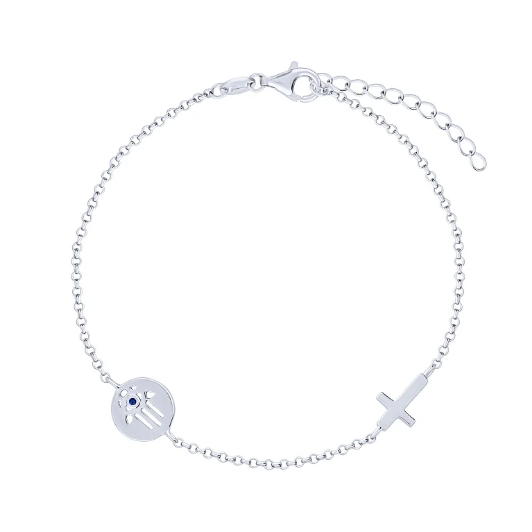 Серебрянный браслет "Хамса и крестик" с альпинитом в якорном плетение - 2131117