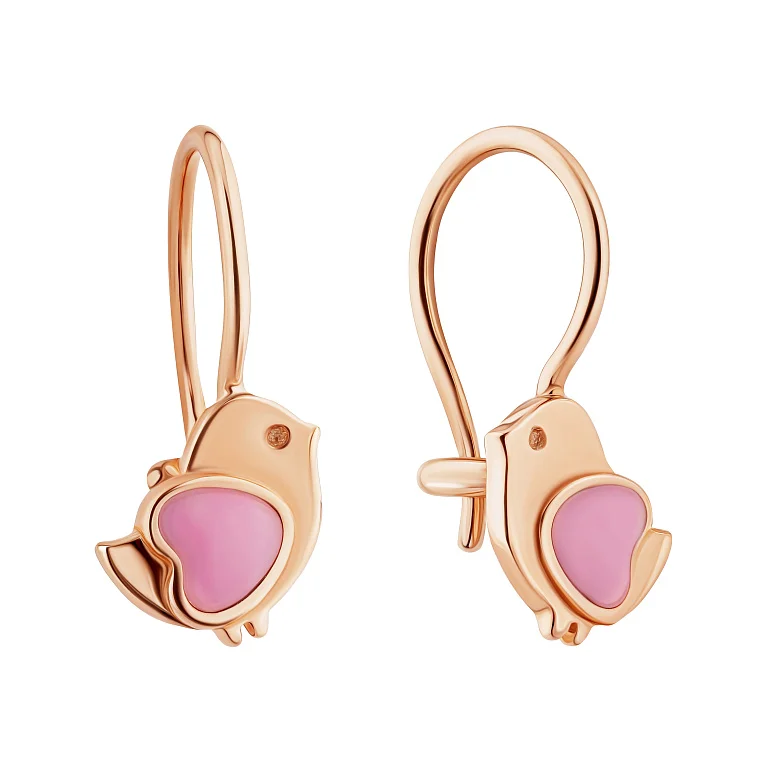 Сережки-петлі дитячі "Пташка" з червоного золота з емаллю - 1987527