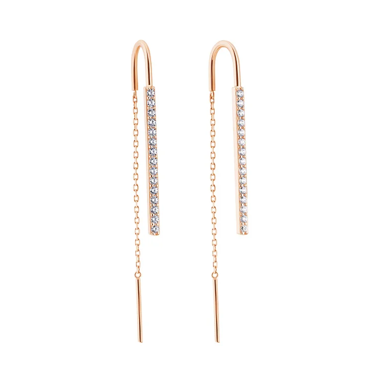 Сережки-протяжки з червоного золота з фіанітами - 2147428
