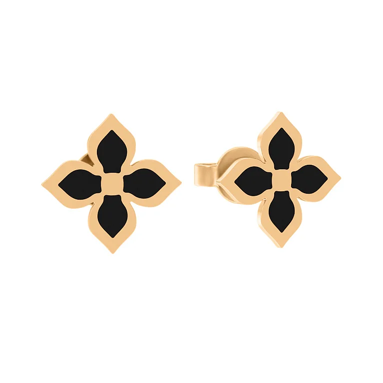 Сережки-пусети "Квітка" із червоного золота з емаллю - 2134665