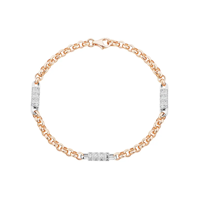 Браслет в комбинированном золоте с геометрическими вставками и фианитами плетение шопард - 2142908