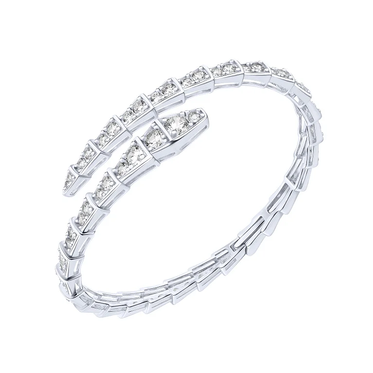 Незамкнутый жесткий браслет из серебра "Змея" с фианитами - 2166165