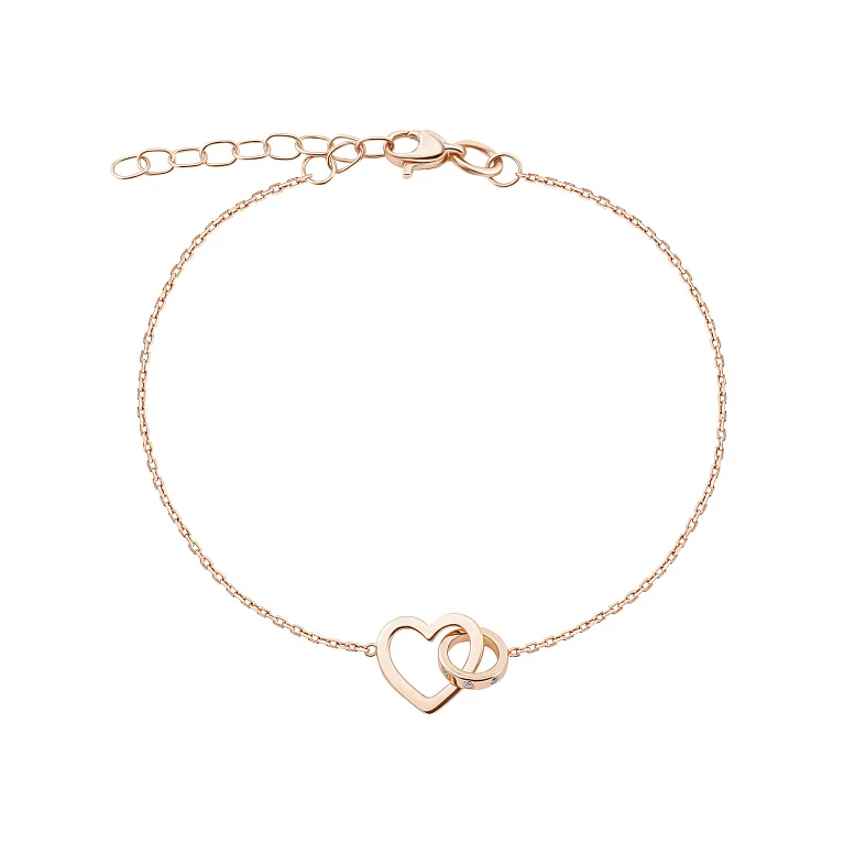 Браслет з червоного золота "Серце" з фіанітами плетіння якір - 2147280